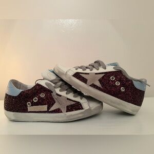 Golden Goose Burgundy Glitter and Light Blue Sneakers